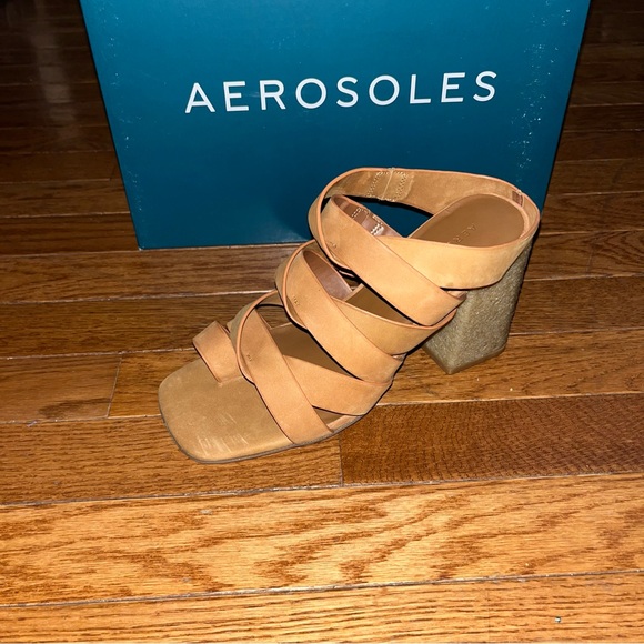 Aerosoles Leather Harley Heel Sandals Tan Wheat Gladiator Straps Women’s 8.5 - Picture 3 of 13